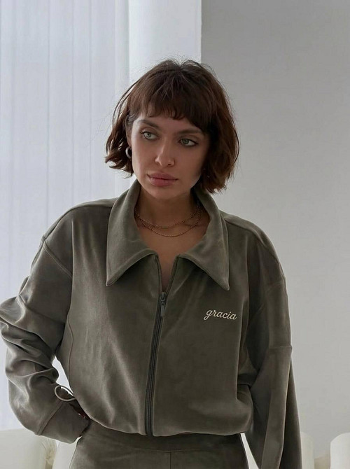 Женский стильный повседневный велюровый костюм Оливковый, 46/48 Одесса - изображение 3