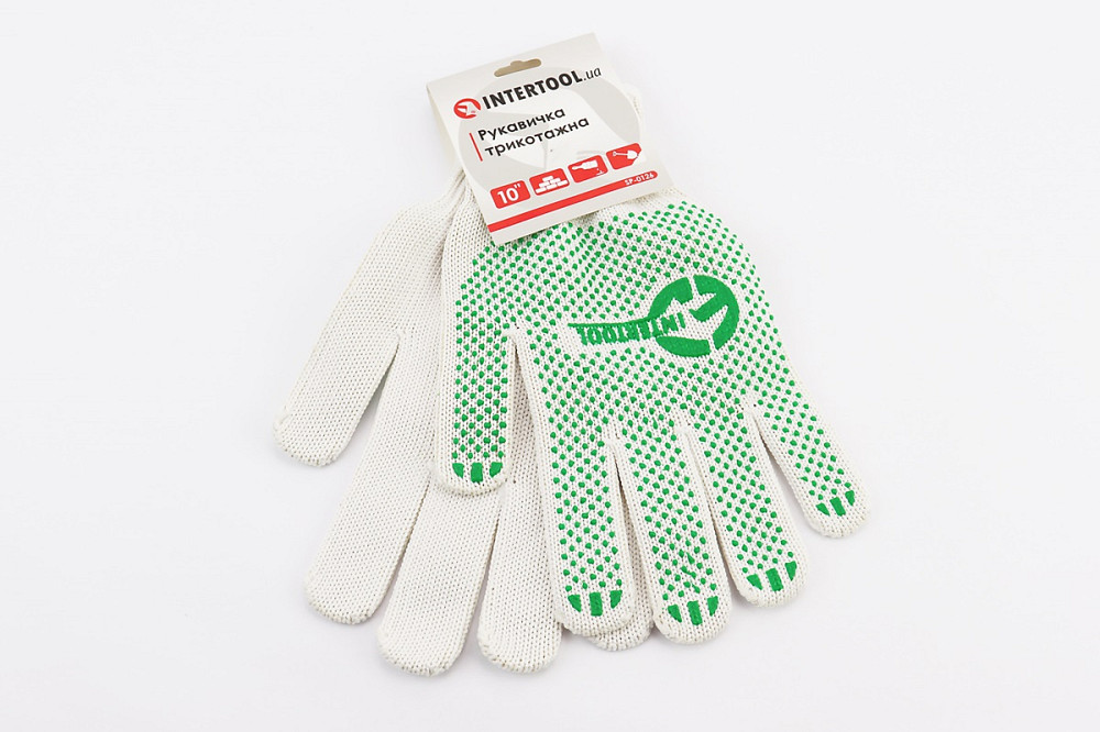 Рукавиці робочі 60% бавовна/40% поліестер 10", клас в'язки 7, білий, з платуванням, зелена ПВХ точка SP-0126 Київ - фото 1