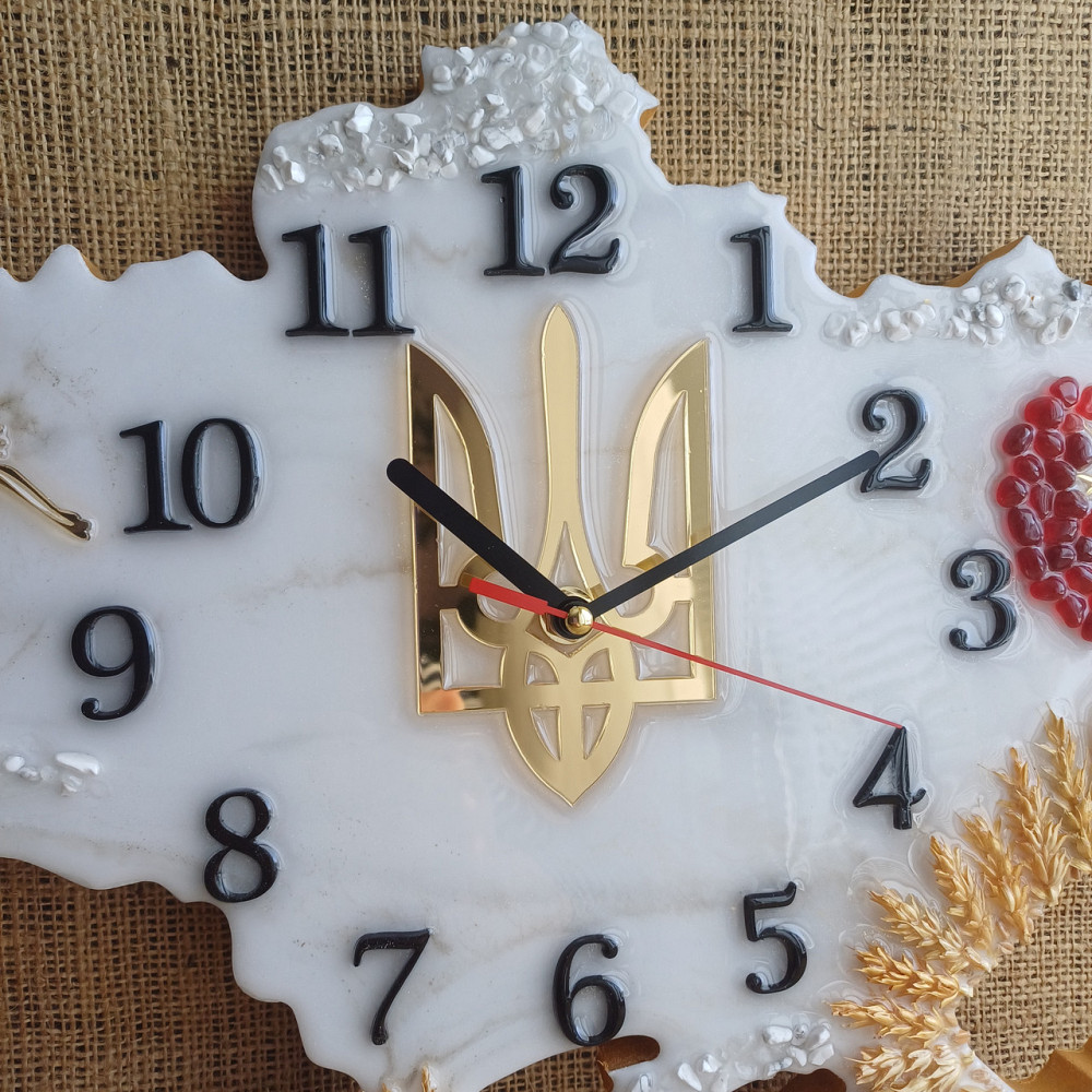 Годинник настінний 40*25 см з епоксидної смоли ручної роботи "Карта України" з колоками та гербом Дніпро - фото 4