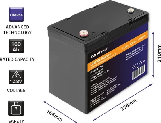 Акумулятор літій-залізо-фосфатний Qoltec LiFePO4 12.8V 100Ah (1280Wh) з BMS для інвертора ДБЖ котла Тернопіль