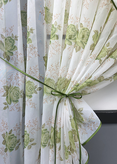 Кухонные шторки VR-Textil № 101к с подвязками Белый с салатовым 320х170 см (52-1210) Киев - изображение 5