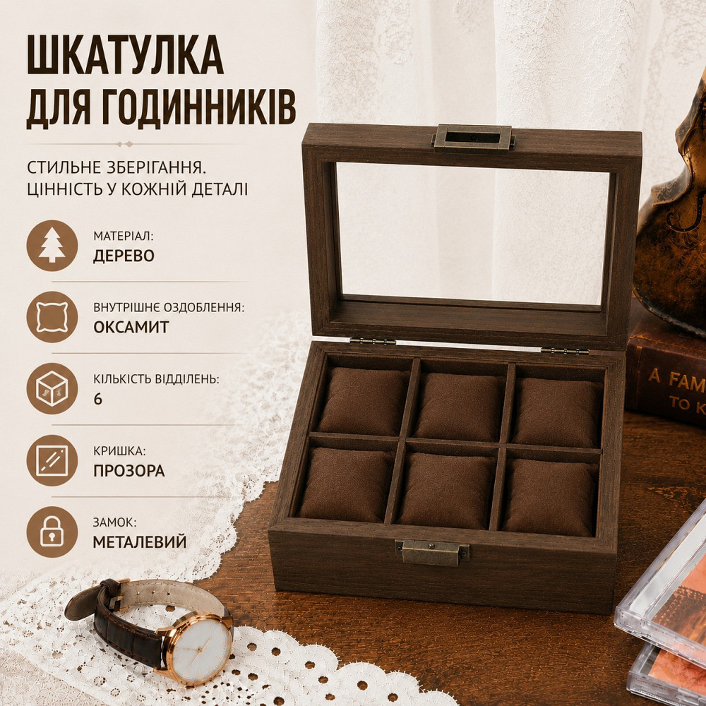 Кейс для наручных часов на 6 отделений шкатулка с прозрачным окном футляр органайзер деревянный для наручных часов Каменец-Подольский - изображение 6