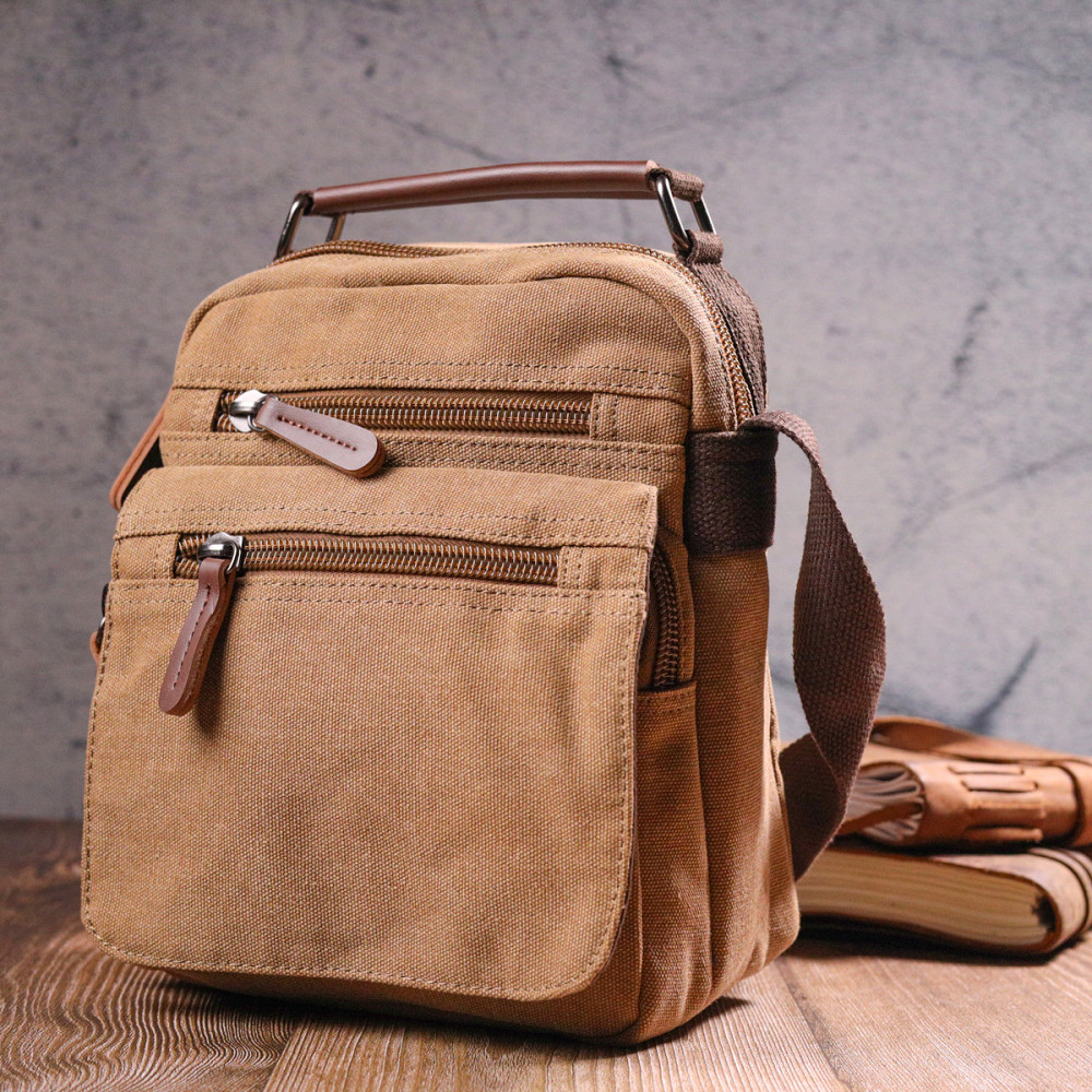 Невелика чоловіча сумка із щільного текстилю Коричнева (Vintage) Київ - фото 3