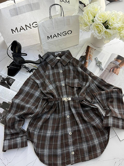 Жіноча тепла оверсайз сорочка в клітинку на ґудзиках кашемір Шоколад Одеса - фото 6