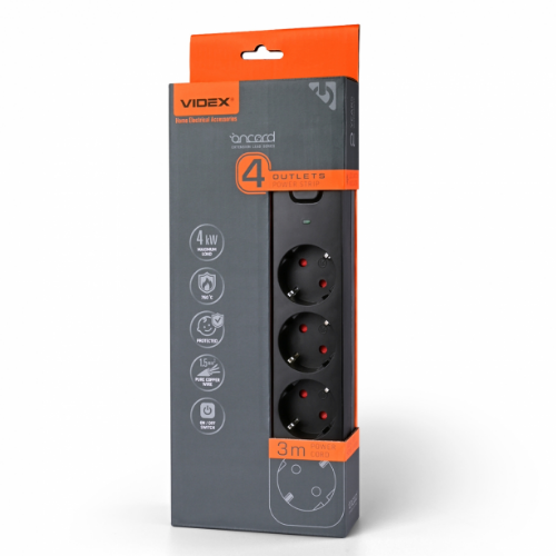 Мережевий подовжувач із заземленням 4 розетки 3м з кнопкою чорний VF-PD43G-B Oncord Videx Житомир - изображение 1