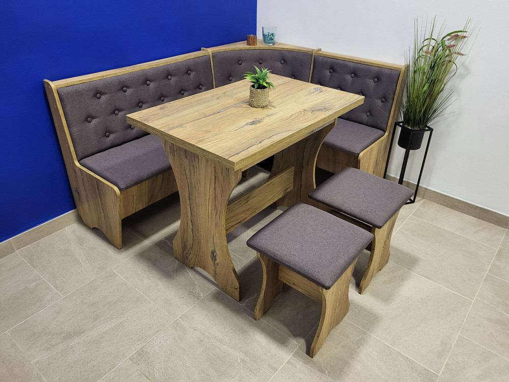 Маленький универсальный обеденный кухонный уголок ДСП с раскладным столом и пуфами 2 шт на кухню Дуб Флагшток Львов - изображение 1