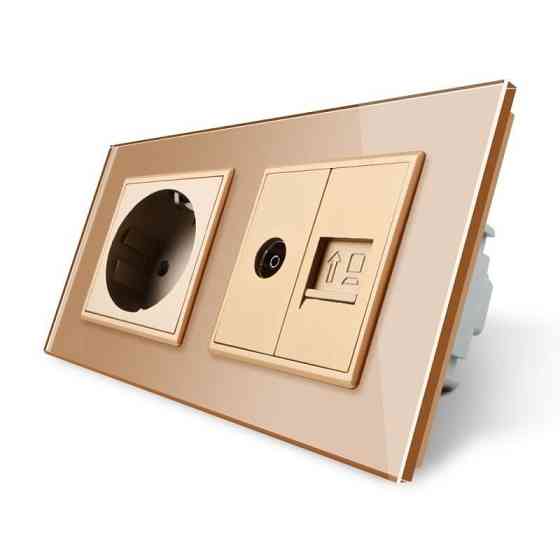Розетка двомісна комбінована Силова Інтернет ТБ Livolo золото скло (VL-C7C1EU1V1C-13) Коломыя