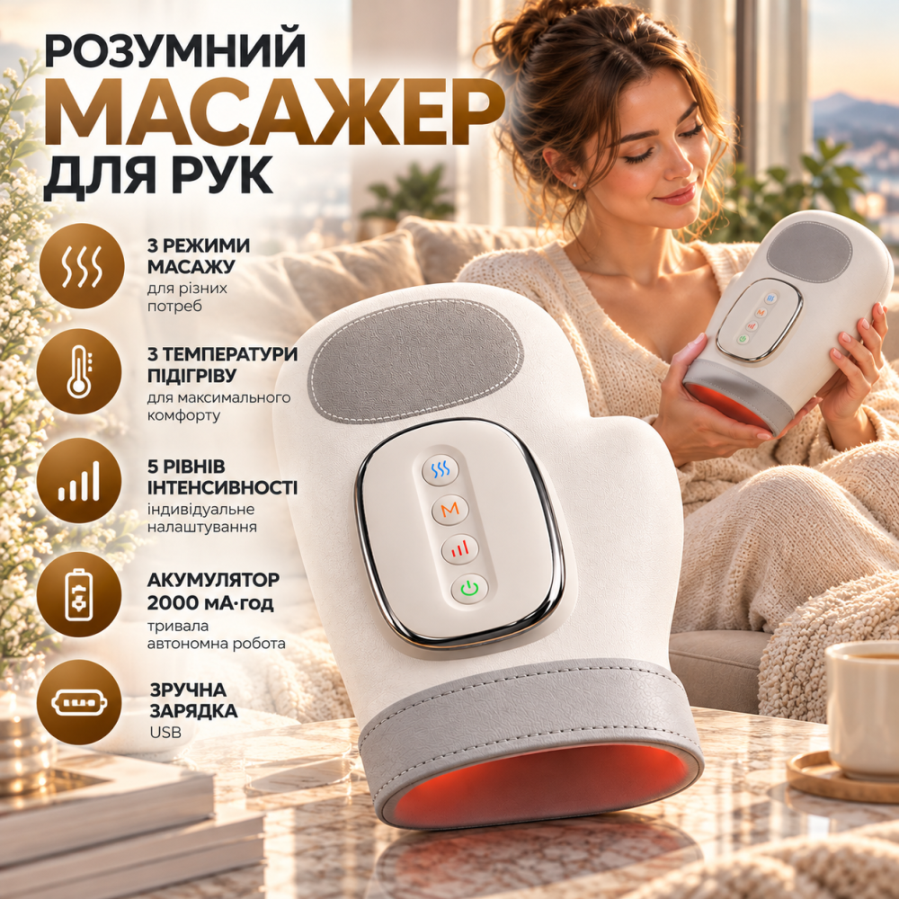 Умный массажёр для рук с подогревом и компрессией, 3 режима массажа, 3 температуры, 5 уровней интенсивности, аккумулятор 2000 мА·ч Киев - изображение 1