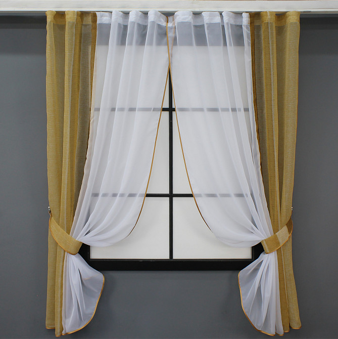 Кухонні шторки VR-Textil № 083к з підв'язками Коричневий з білим 280х170 см (52-0914) Київ - фото 1