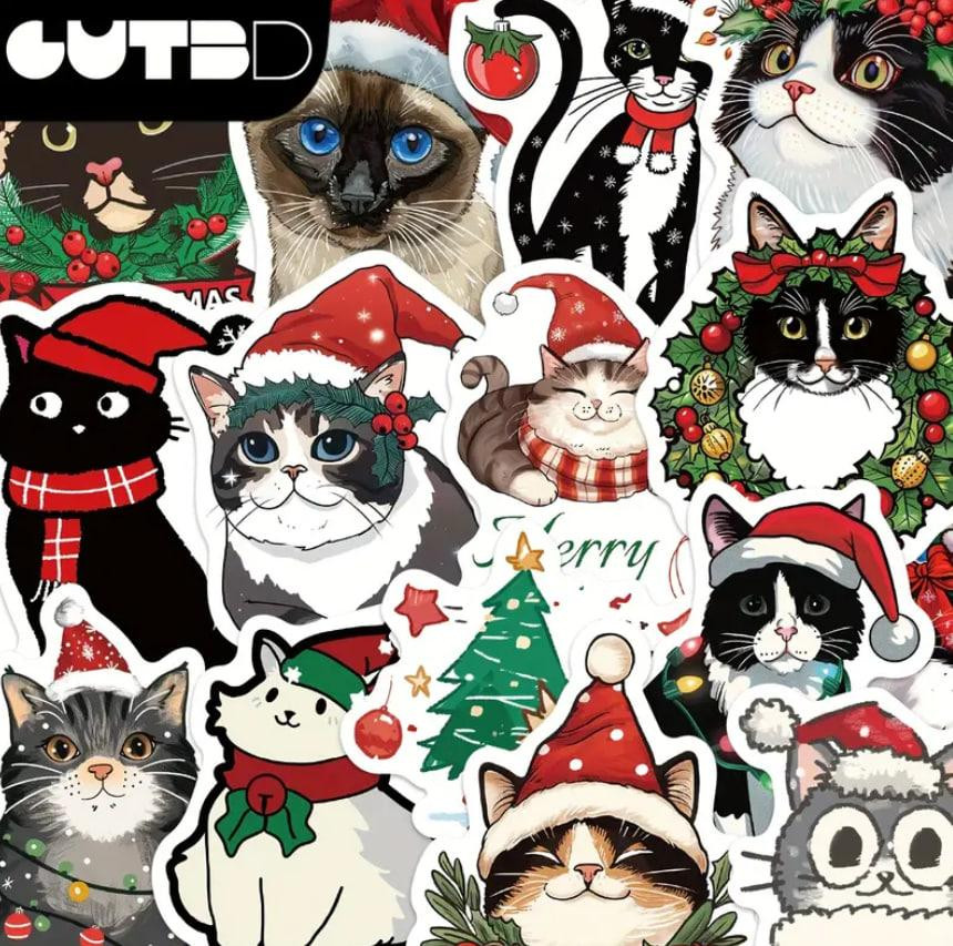 Рождественские наклейки с котами. Новогодние стикеры. Водонепроницаемые виниловые наклейки, набор 50 Киев - изображение 4