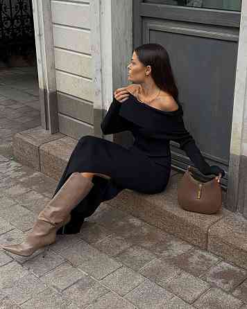 Женское элегантное платье с открытыми плечами турецкая ангора рубчик Черный, 46/48 Одесса