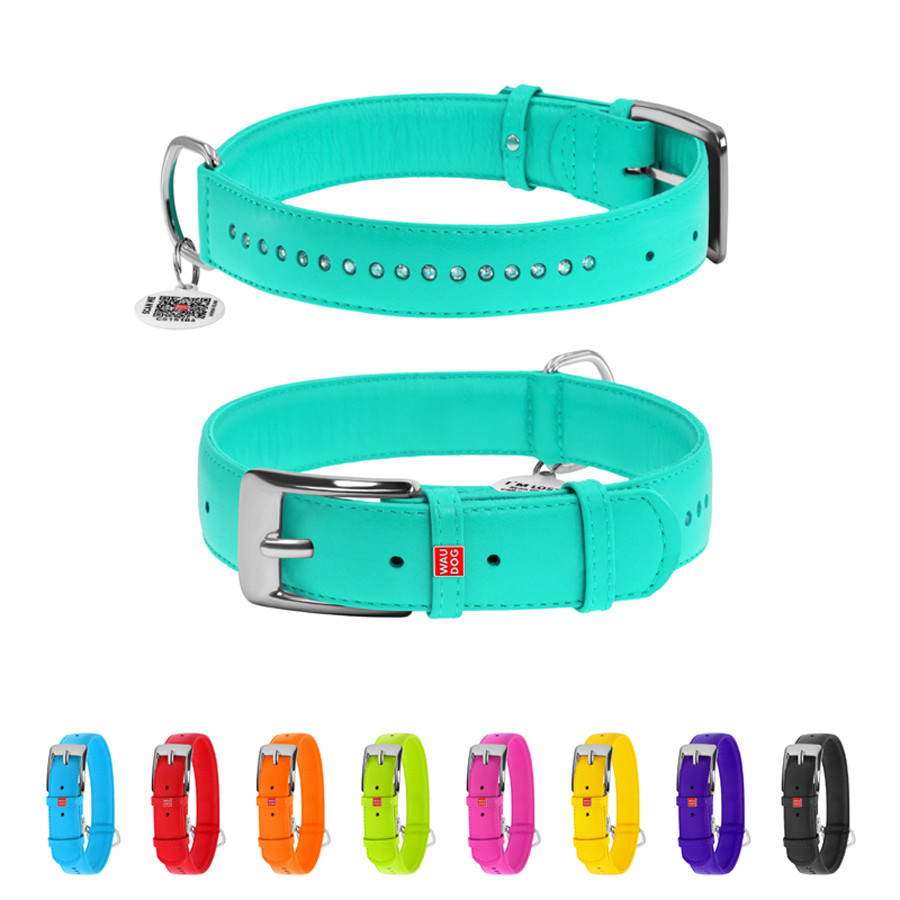 Нашийник для собак шкіряний WAUDOG Glamour з QR паспортом, подвійний зі стразами, M, Ш 20 мм, Д Коломия - фото 1