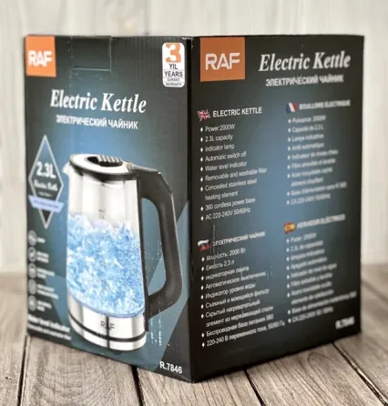 Електрочайник скляний RAF R-7846 2.3л 2000Вт, підсвічування, автовідключення, загартоване скло, чорний Одеса