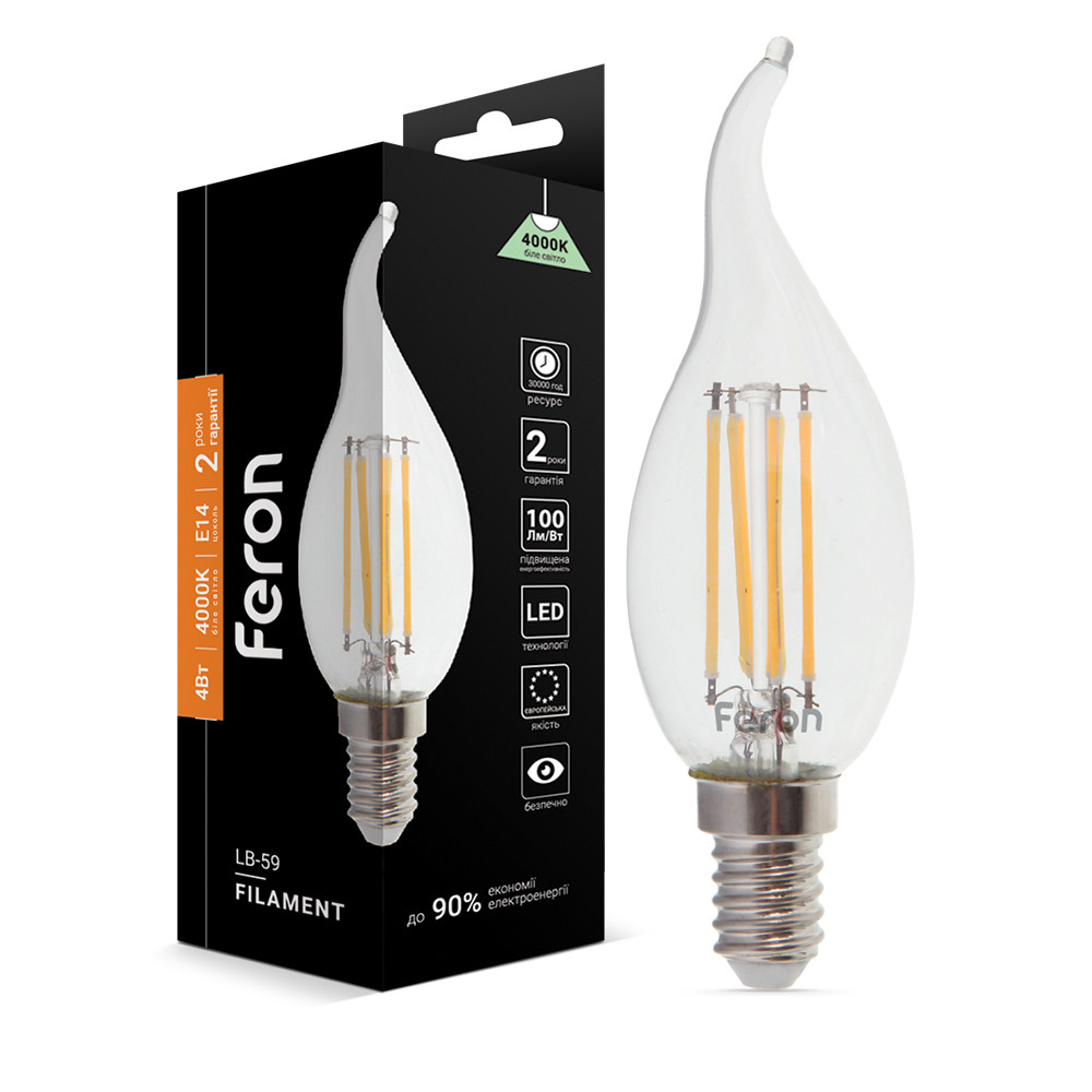 Світлодіодна лампа Feron Filament LB-59 4Вт E14 4000K свічка на вітрі Харків - фото 1