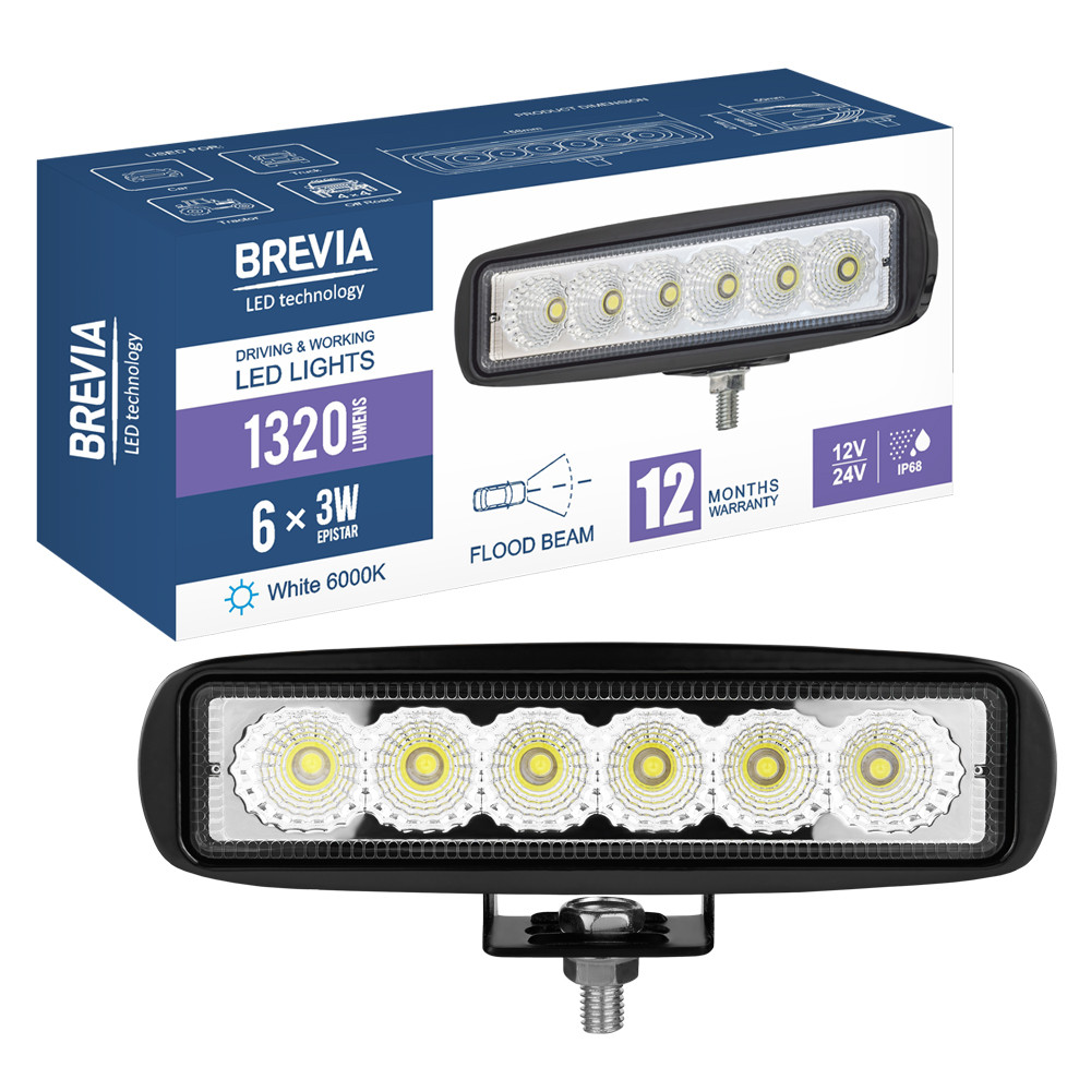 Фара світлодіодна Brevia Epistar Flood 10-30V, 18W (6x3W), 1320Lm, 1шт (10611FX1) Львів - фото 8
