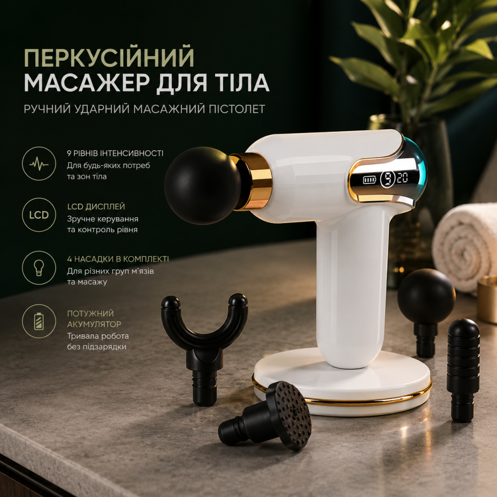 Перкусійний масажер для тіла ручний ударний масажний пістолет міні з LCD дисплеєм 9 передач 4 насадки Білий УЦІНКА Київ - фото 9