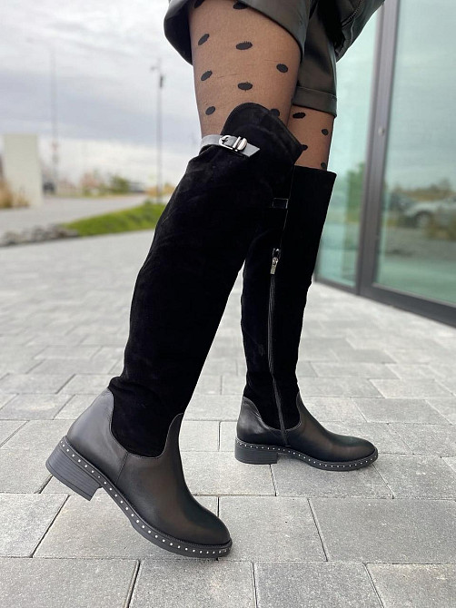 Vesna Ботфорти жіночі VESNA чорні шкіра+замша натуральна висота 53 см обхват 35-37 см розмір 39 Коломия - фото 9