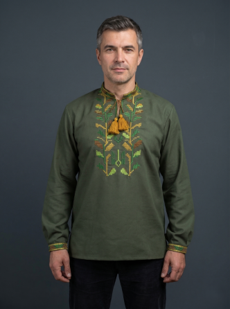 Чоловіча вишиванка хакі з домотканого полотна вишита гладкою 58 Київ