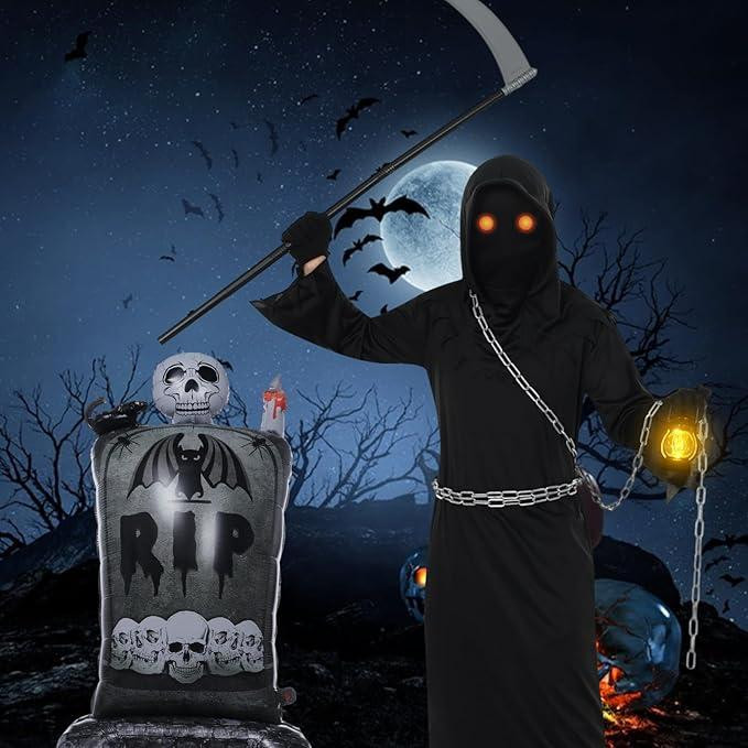 Моторошний дорослий костюм Жнеця Смерті з LED-окулярами, косою, маскою та аксесуарами на Гелловін, карнавал Київ - фото 6