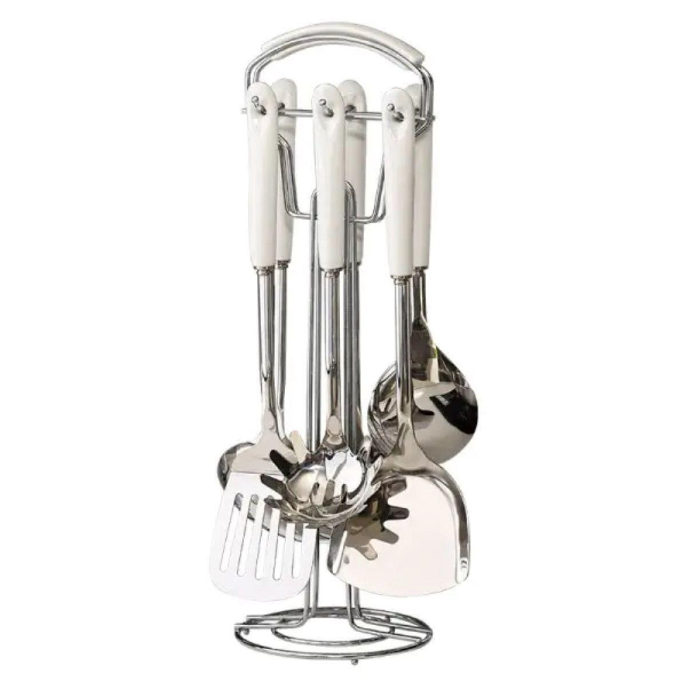 Набір кухонного приладдя на підставці 7 предметів кухонні аксесуари на підставці Білий із сріблястим HP-20-70 Київ - фото 1