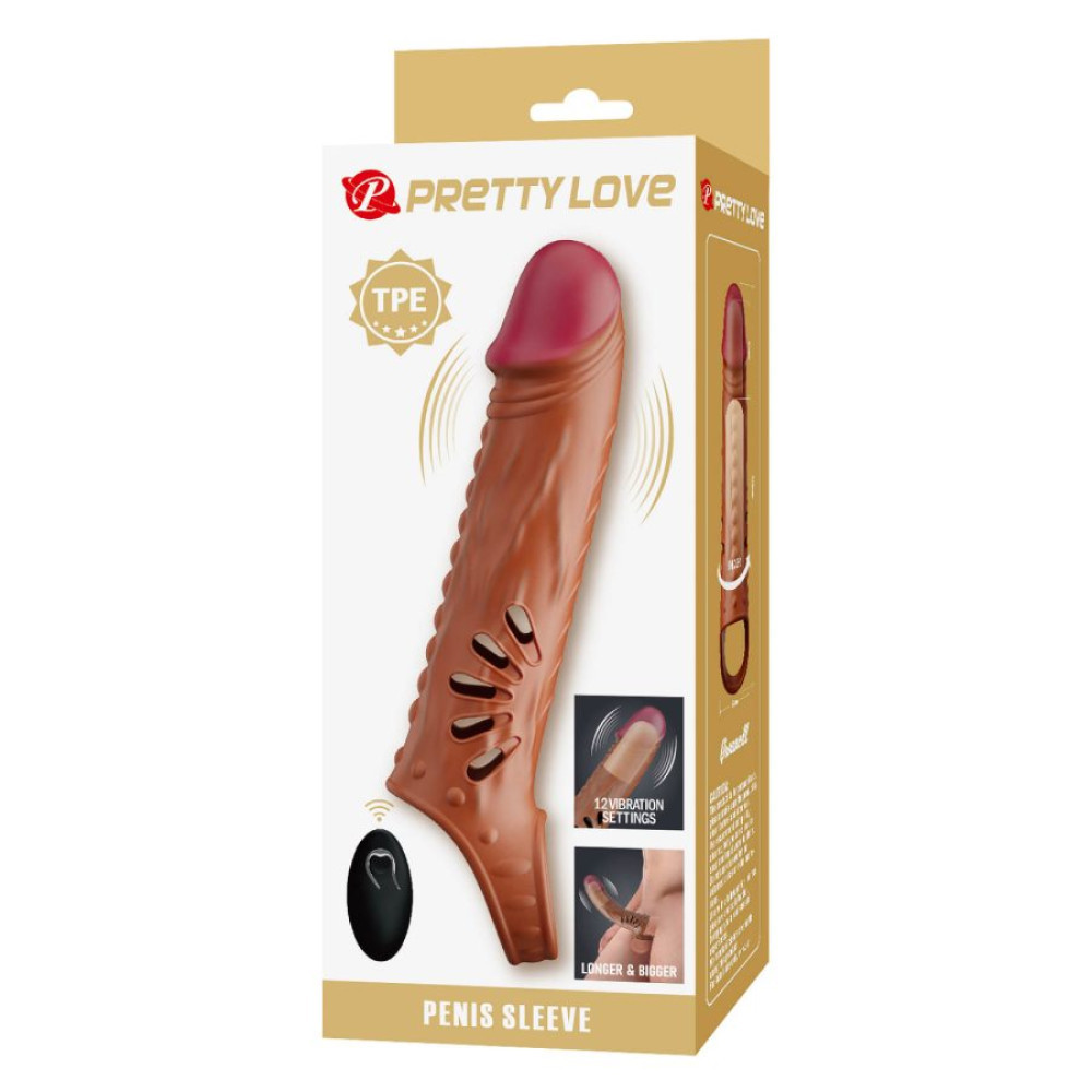 Вибронасадка на пенис Pretty Love удлиняющая, с пультом, бежевая, 24.3 х 4.6 см Sex Aura Киев - изображение 1