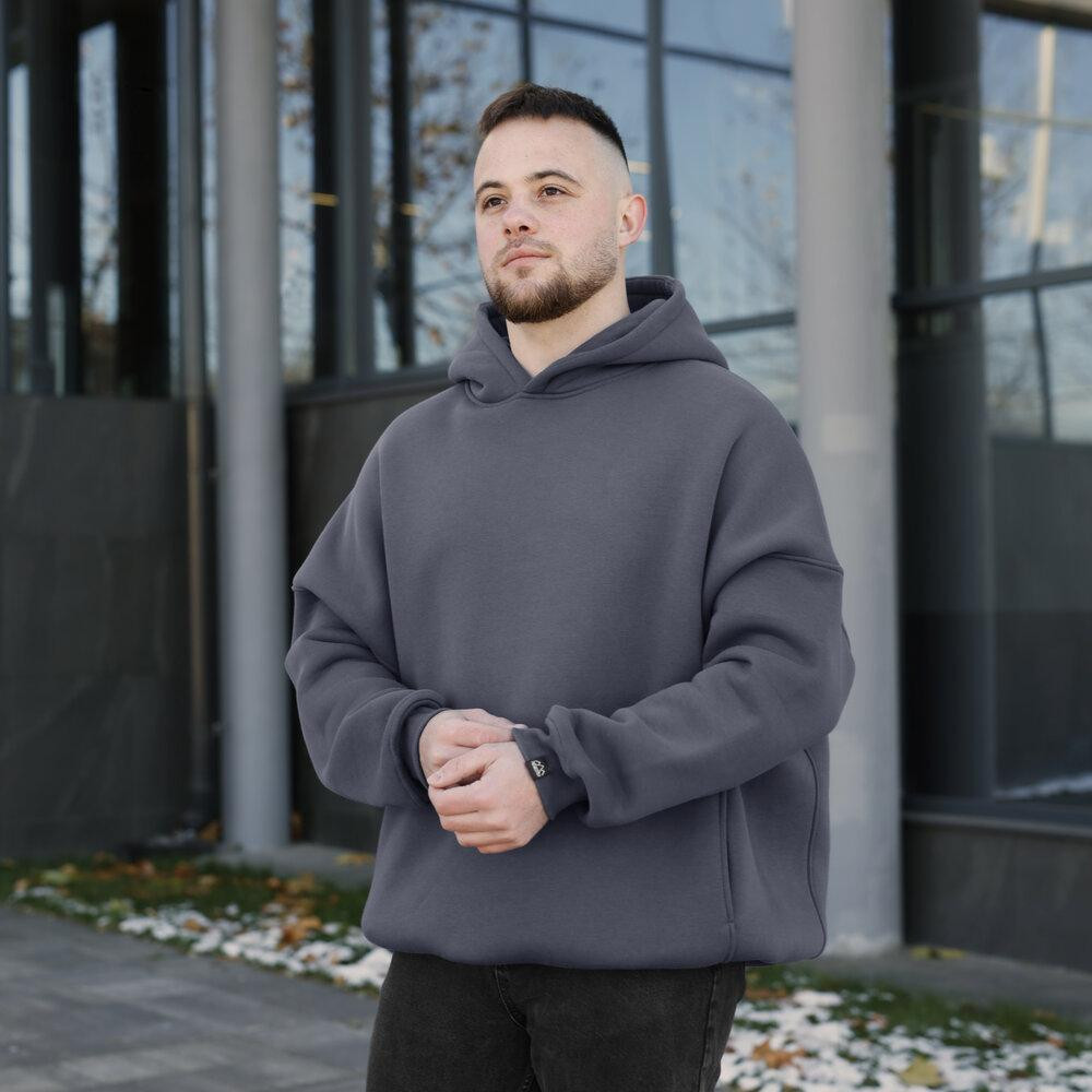 Темно-серое мужское худи оверсайз Pobedov Urbanist. Универсальный размер. Мужское зимнее худи Киев - изображение 2