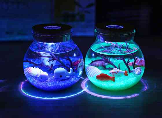 Ночник в банке ПУЛЬТ МУЛЬТИЦВЕТ,   подарочный набор собери сам! ФИОЛЕТОВЫЙ с рыбками Кременчуг