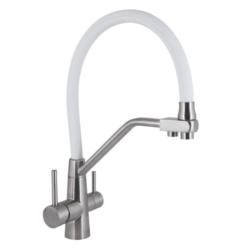 Змішувач для кухні Lidz Aria 020F3 з гнучким виливом та підключенням до фільтра LDARI020F3WNK39480 сатин/білий Київ - фото 1