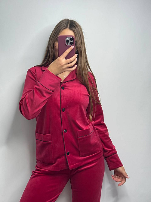 Костюм из плюшевого велюра на пуговицах с двумя карманами Вишневый XL Харьков - изображение 1