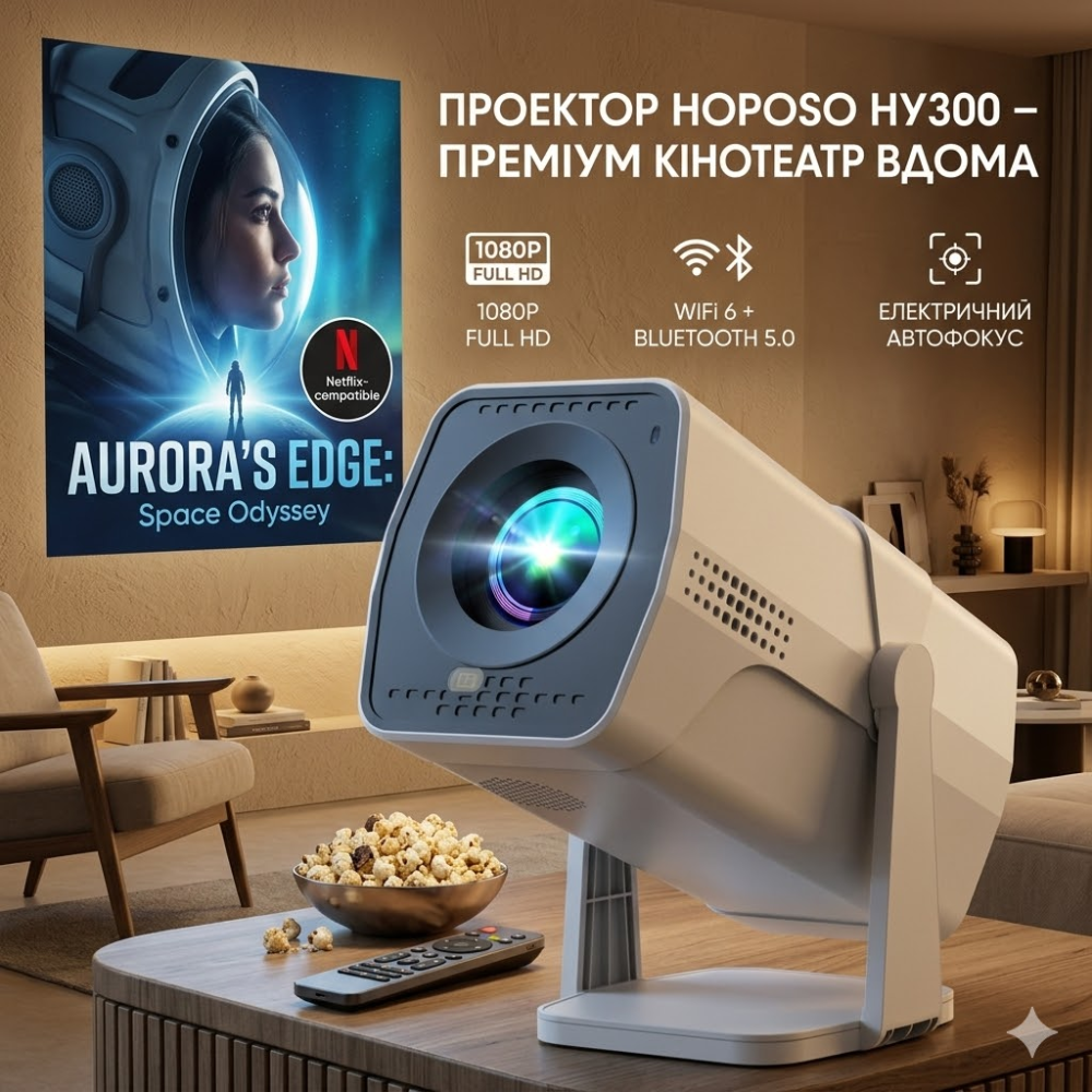 Смарт-проектор PYIER 4K Full HD WiFi 6 Bluetooth: портативний міні-кінотеатр, Netflix, автокорекція, поворот 270°, Android TV Київ - фото 2