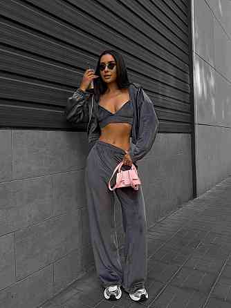 Женский костюм тройка: кофта топ и штаны велюр Графит, 46/48 Одесса