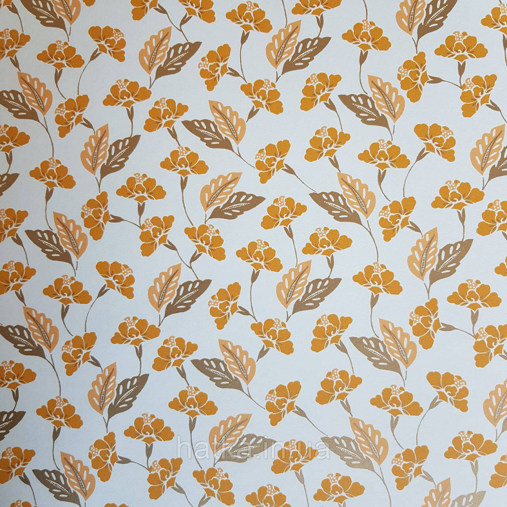 Обои виниловые на флизелине Caselio Mystery 0.53х10 м маленькие яркие цветы листья оранжевые на белом Киев - изображение 1