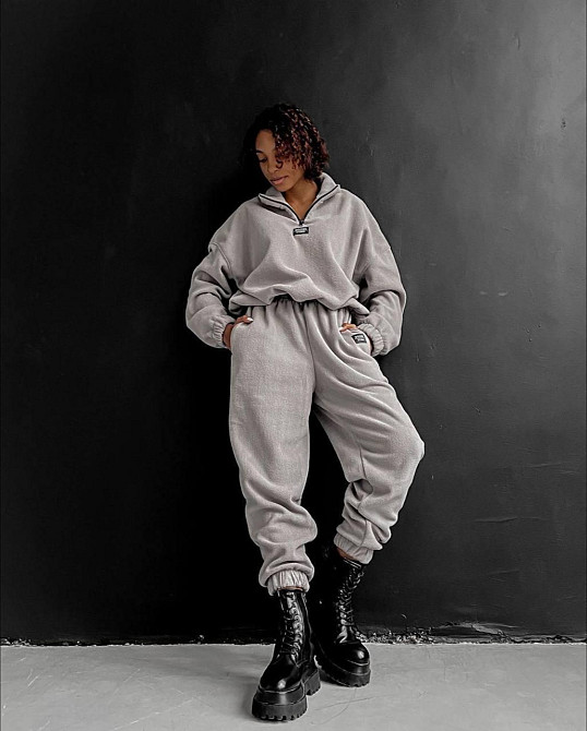 Женский теплый прогулочный костюм двойка из двухстороннего плотного флиса Серый, 44/46 Одесса - изображение 1