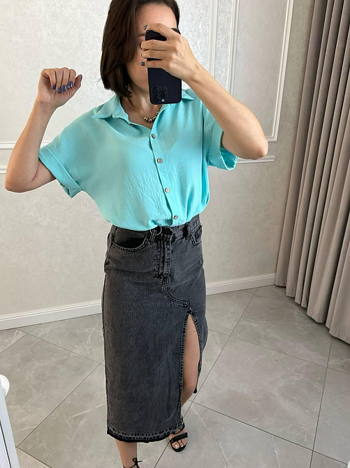 Женская легкая базовая рубашка с коротким рукавом на пуговицах американский креп 42/44, Ментоловый Одесса - изображение 3