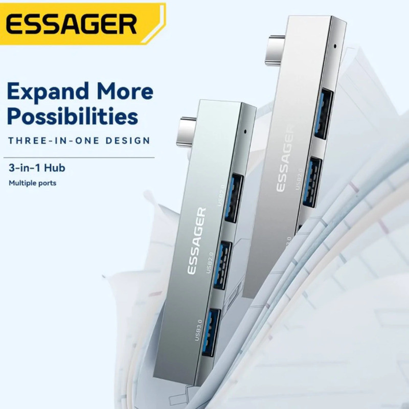 Хаб Essager EHBC03-FY0G-P Type-C 3в1 (Серый) Николаев - изображение 6
