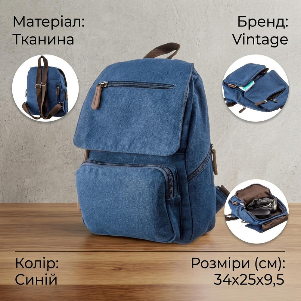 Компактный женский текстильный рюкзак Vintage 20197 Синий Киев - изображение 11