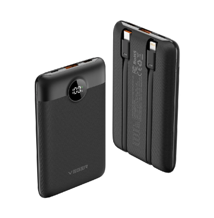 Внешний аккумулятор VEGER 10000 mAh with built-in cables Type C / Lightning PD QC3.0 2A 22,5W C11 (W1170) black Киев