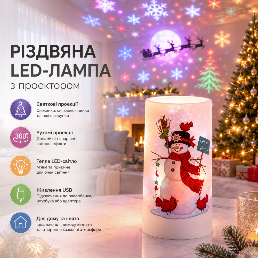 Різдвяна LED-лампа з проектором — Світильник-проектор з рухомими святковими візерунками (ялинка, сніговик) Київ - фото 7