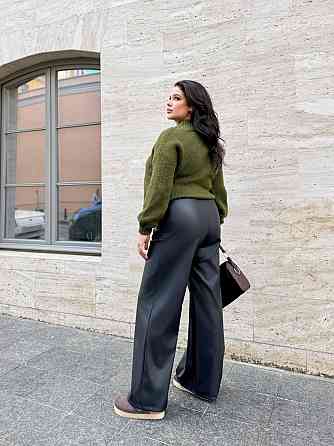 Жіночі базові штани палаццо на гумці з екошкіри Чорний, 54/56 Одеса