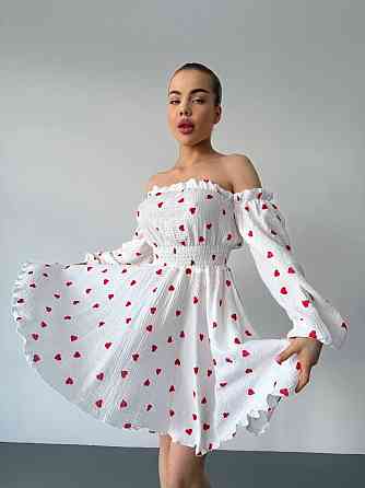 Жіноча романтична міні сукня у сердечки з відкритими плечами муслін 100% бавовна Одеса