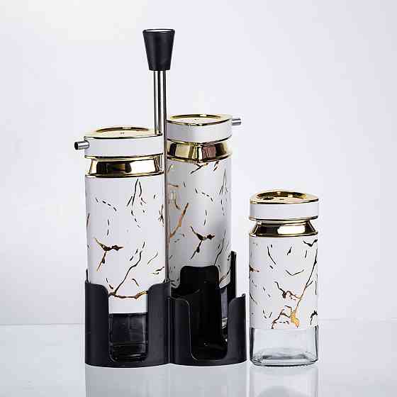 Yiwu Набір баночок для спецій і рідких текстур 4 предмети на підставці білий мармур HP-1331 Коломыя