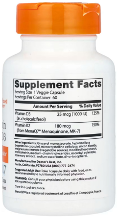 Вітамін Д3 K2 MK-7 Doctors Best Natural Vitamin K2 MK-7 Plus D3 180 мкг 60 капс Київ