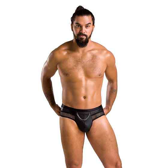Мужские трусы с цепочкой Passion 030 SLIP TOM XXL/XXXL Black, экокожа, открытые ягодицы Sex Aura Киев