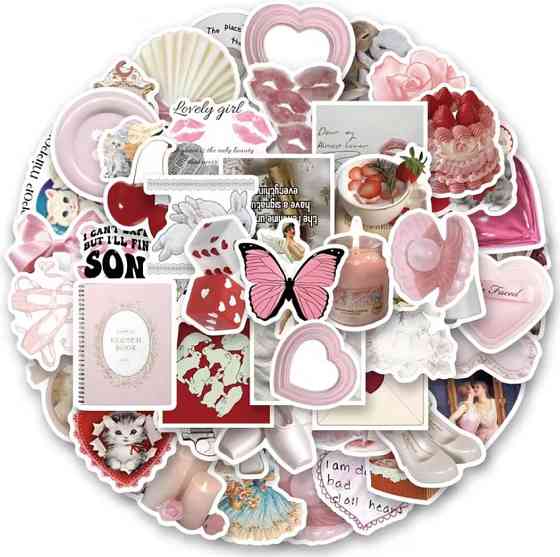 Набір вінілових стікерів рожеві естетичні 60 штук – наклейки для декору, щоденника, подарунків, блокнотів Київ