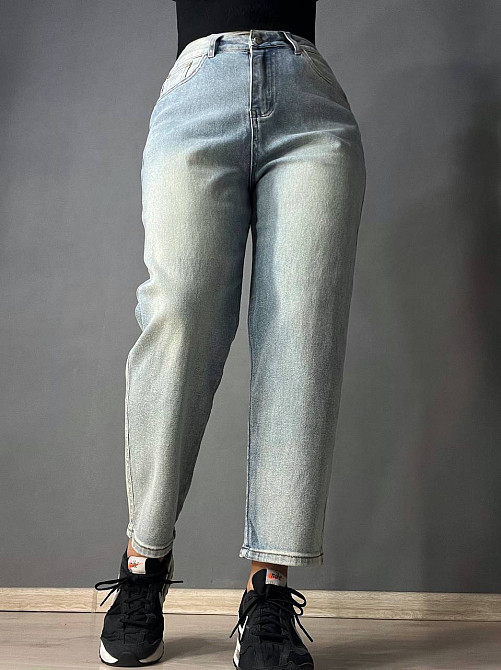 Джинси женские Sterling 9203-36 MOM бананы надпись на кармане большие размеры голубые, голубой, З4,  Одесса - изображение 1