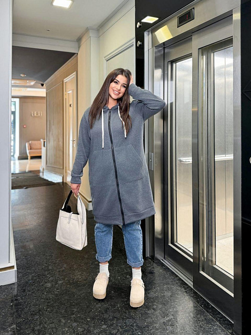 Жіноча тепла подовжена толстовка Oversize на блискавці тринитка на флісі Графіт, 54/58 Одеса - фото 5