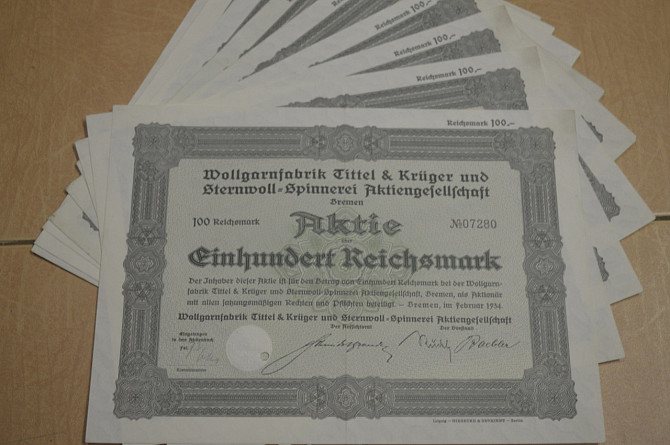 Акція. Німеччина. Wollgarnfabrik Bremen 100 reichbank 1934 рік aUNC-UNC (5 - 10) Полтава - фото 1