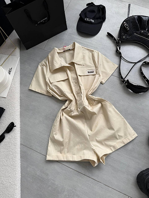 Жіночий літній базовий комбінезон із коміром котон поплін Беж, XS-S Одеса - фото 1