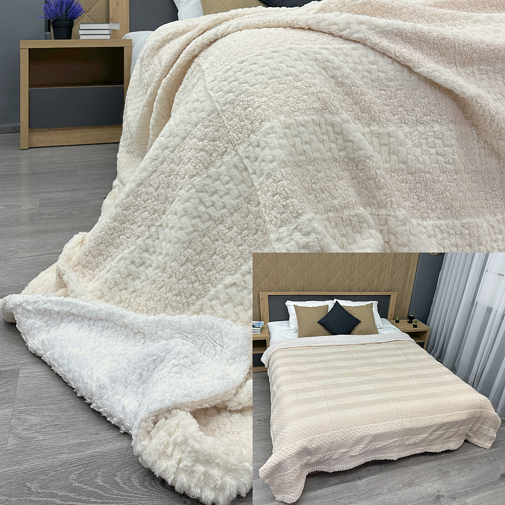 Плед 200х230 см (+-10см) Рогожка на овчині "Тедді" колір молочний (87-296) Київ - фото 1