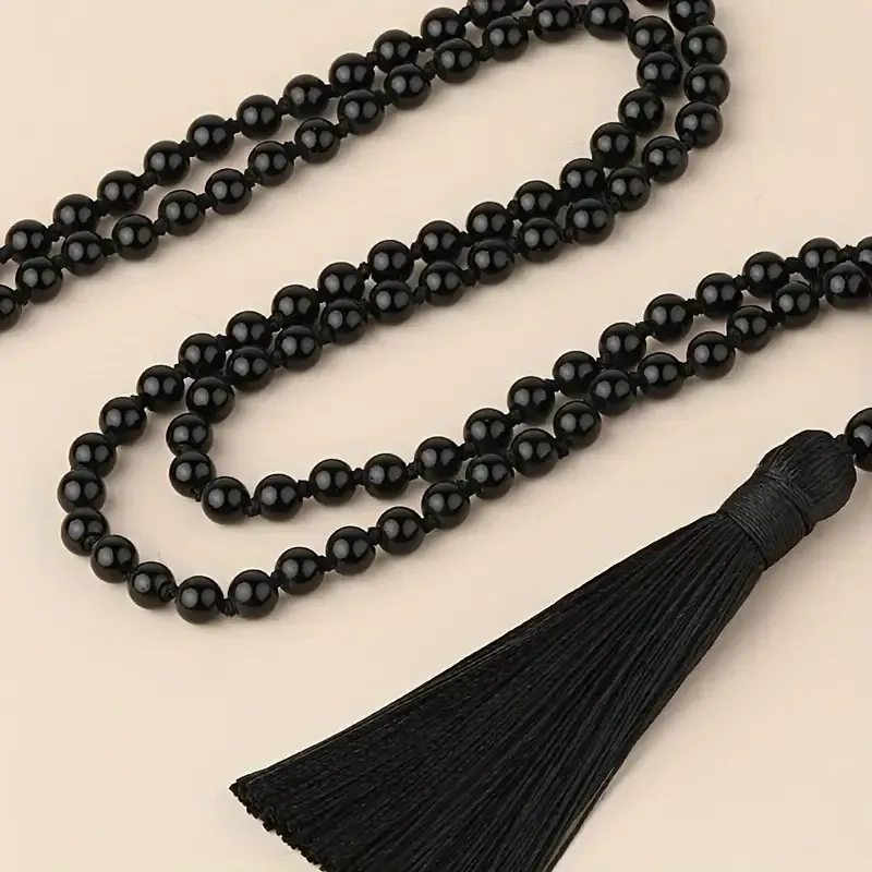 Намисто-чотки з чорного оніксу 86 см – натуральний камінь, оберіг з китицею Київ - фото 4